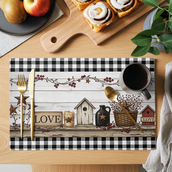 Love Sign Placemats Set of 1, Rustic Buffalo Check Border Star Wood Grain Non-Slip Place Mats Washable Table Mats for Kitchen Dining Table Decorations Indoor/Outdoor