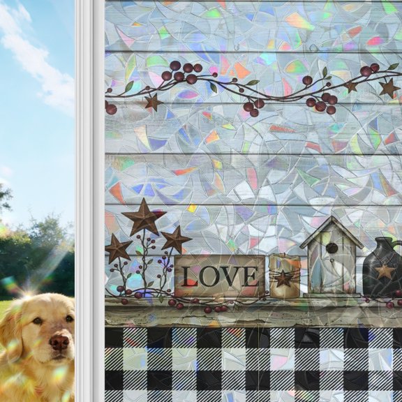 Love Sign Rainbow Window Privacy Film, Rustic Buffalo Check Border Star Wood Grain Stained Glass Window Film, Sun Blocking Glass Clings Static Cling Non Adhesive Door Stickers 17.7 x 39.3 Inches