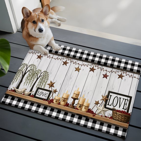 Love Sign Small Area Rugs 2x3 Buffalo Check Border Star Candle Tree Wood Grain Entryway Rugs Washable Door Mat, Low-Profile Area Rugs Non Slip Floor Carpet for Living Room Bedroom Home Office