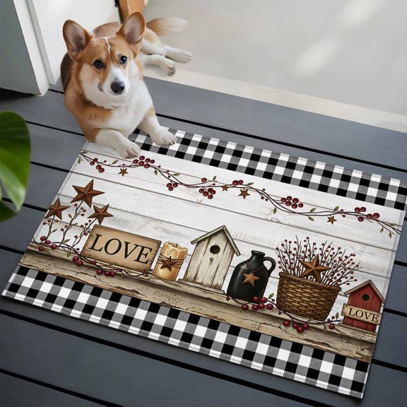 Love Sign Small Area Rugs 2x3 Rustic Buffalo Check Border Star Wood Grain Entryway Rugs Washable Door Mat, Low-Profile Area Rugs Non Slip Floor Carpet for Living Room Bedroom Home Office
