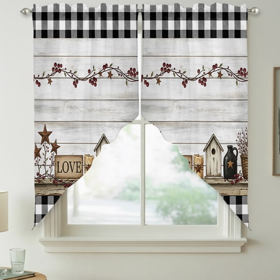 Love Sign Swag Kitchen Curtain Valances, Rustic Buffalo Check Border Star Wood Grain Rod Pocket Curtains Window Treatment Decor Valances for Bedroom Bathroom, 2 Panels 36 x 63 Inch