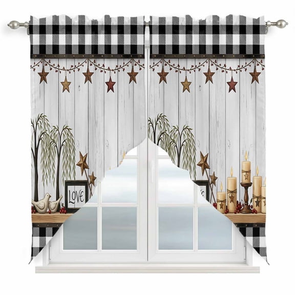 Love Sign Swag Valance Curtains Buffalo Check Border Star Candle Tree Wood Grain Rod Pocket Swag Curtains Small Window Treatments for Kitchen Bathroom Bedroom 36" W x 63" L, 2 Panels
