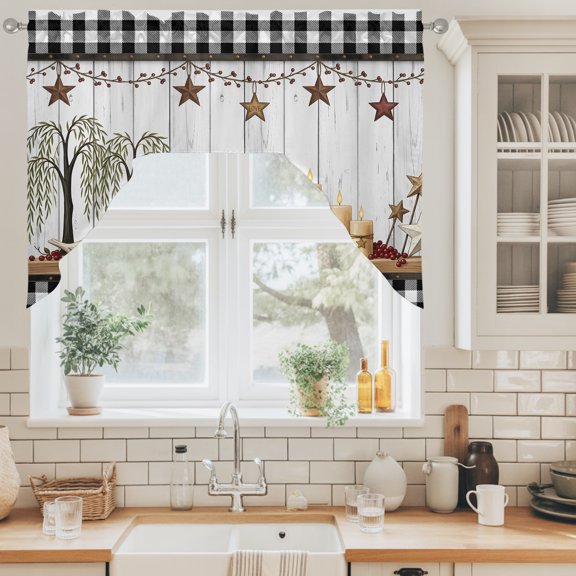 Love Sign Swag Valance for Windows, Buffalo Check Border Star Candle Tree Wood Grain Swag Curtains Valances for Small Window Treatment Rod Pocket for Kitchen Bathroom 1 Panel 56x36in