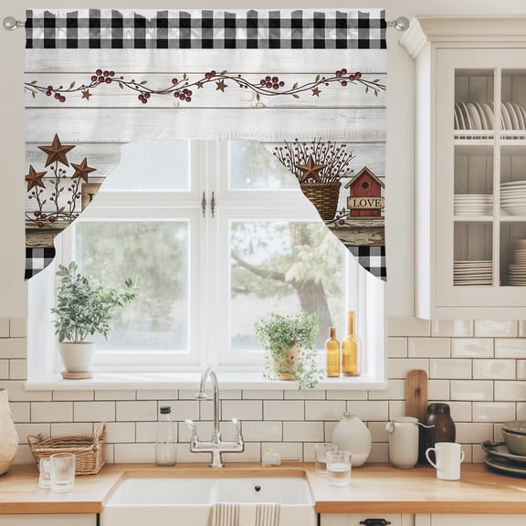 Love Sign Swag Valance for Windows, Rustic Buffalo Check Border Star Wood Grain Swag Curtains Valances for Small Window Treatment Rod Pocket for Kitchen Bathroom 1 Panel 56x36in
