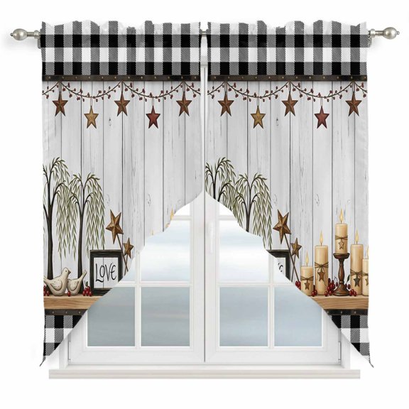 Love Sign Swag Valances for Windows 2 Pack Buffalo Check Border Star Candle Tree Wood Grain Swag Kitchen Curtains 36 Inches Long Rod Pocket Short Window Treatment for Kitchen Bathroom 28"x36"
