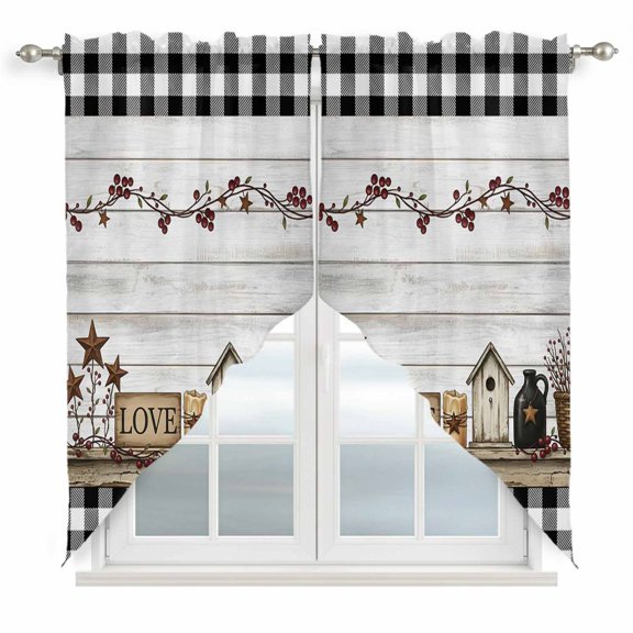 Love Sign Swag Valances for Windows 2 Pack Rustic Buffalo Check Border Star Wood Grain Swag Kitchen Curtains 36 Inches Long Rod Pocket Short Window Treatment for Kitchen Bathroom 28"x36"