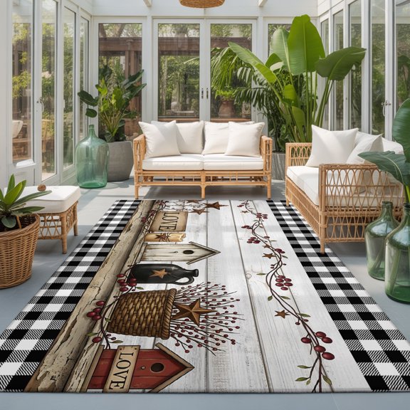 Love Sign Washable Living Room Rugs 9'x12', Rustic Buffalo Check Border Star Wood Grain Washable Throw Large Area Rug Non-Slip Sturdy Edge Binding Carpet for Bedroom Dining Room Office