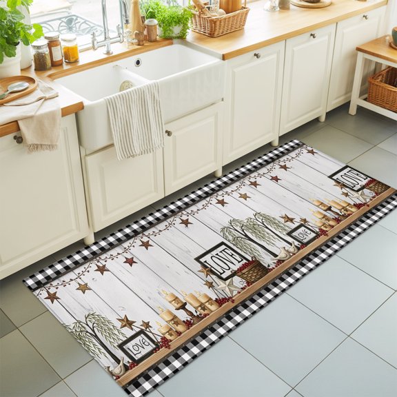Love Sign Washable Runner Rugs 2'x6', Buffalo Check Border Star Candle Tree Wood Grain Washable Runner Rug Non-Slip Sturdy Edge Binding Carpet for Bedside Hallway Runner Kitchen Galley