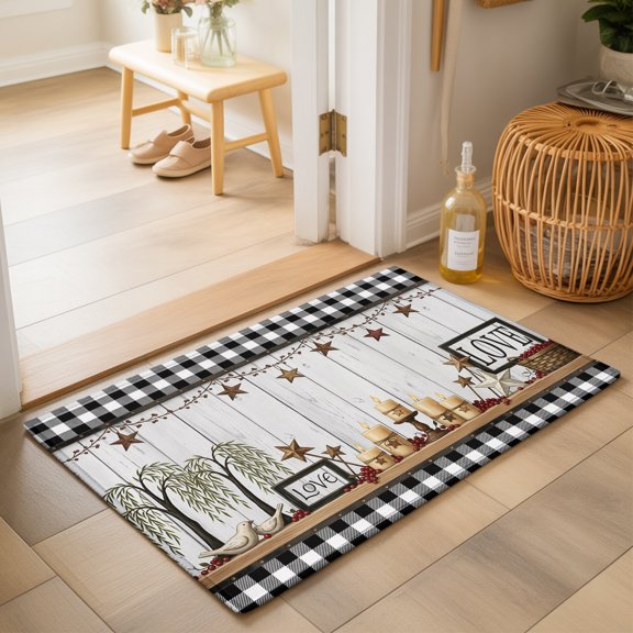 Love Sign Washable Small Entryway Area Rugs 2'x3', Buffalo Check Border Star Candle Tree Wood Grain Washable Throw Rug Non-Slip Sturdy Edge Binding Carpet for Front Door Floor Room Entry