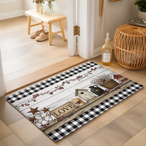 Love Sign Washable Small Entryway Area Rugs 2'x3', Rustic Buffalo Check Border Star Wood Grain Washable Throw Rug Non-Slip Sturdy Edge Binding Carpet for Front Door Floor Room Entry