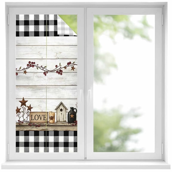 Love Sign Window Privacy Film Rustic Buffalo Check Border Star Wood Grain Decorative Glass Window Film UV Blocking Static Cling Non-Adhesive Sticker Covering for Home Door 19.6 x 39.3 inches