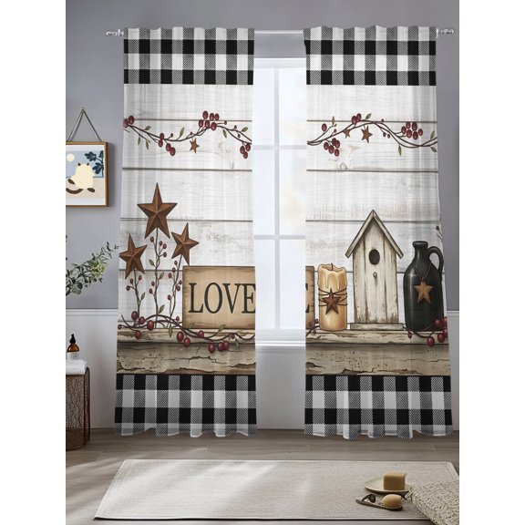 Love Sign Window Sheer Curtain Rustic Buffalo Check Border Star Wood Grain Semi Curtain Sheers Light Filtering Rod Pocket Voile Drapes for Bedroom Kitchen Living Room 52 X 108 Inch, 2 Panels
