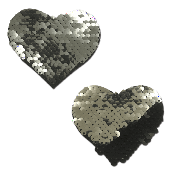 Love: Silver & Black Color Changing Sequin Heart Nipple Pasties by Pastease®