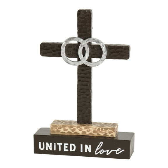 Love Silvertone Scalloped Brown Rings Cross 8 inch Resin Decorative Tabletop Figurine