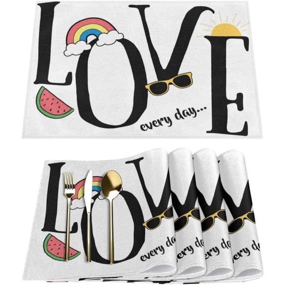 Love Slogan Placemats Set of 6 Fabric Placemats Square Placemat for Kitchen Table Heat Resistant, Easy to Clean Table Placemats 12x18 Inch