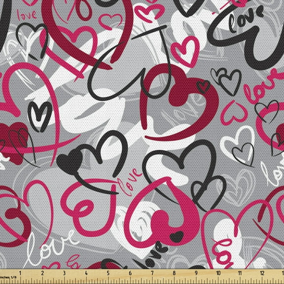Ambesonne Love Fabric by the Yard Upholstery, Romantic Random Hearts, 1 Yard, Multicolor