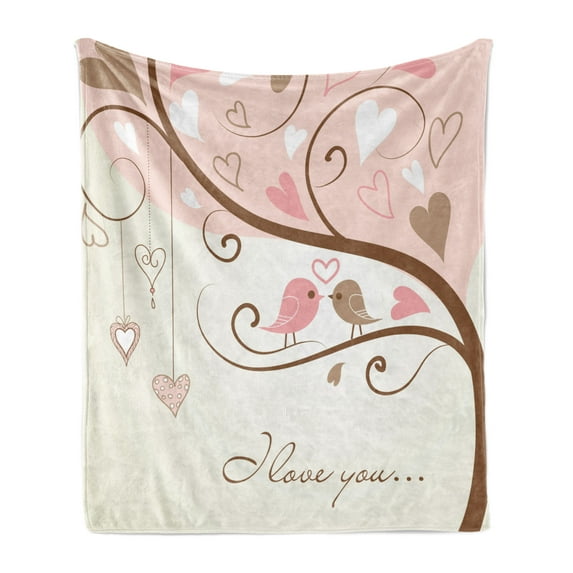 Love Soft Flannel Fleece Blanket, Birds on Branch Abstract Heart Shapes Nature Environment Ornate Romance Print, Cozy Plush for Indoor and Outdoor Use, 70" x 90", Blush Brown Beige, by Ambesonne