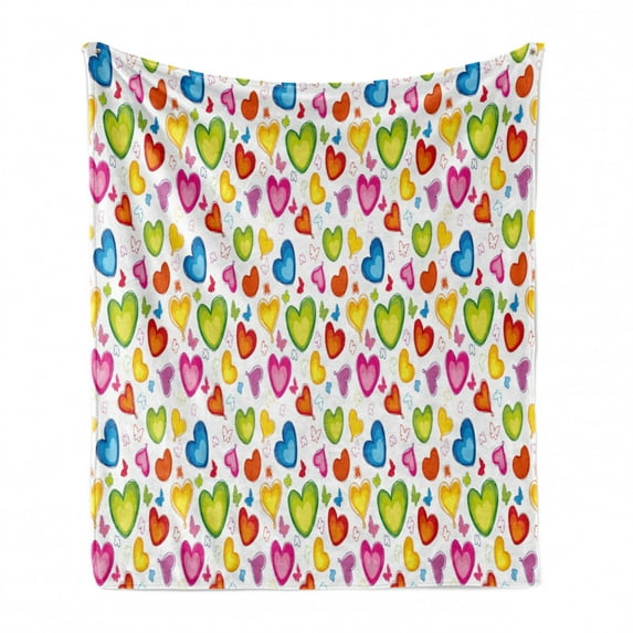 Love Soft Flannel Fleece Blanket, Colorful Hearts and Butterflies Silhouettes Doodle Style Happy Valentines Day Pattern, Cozy Plush for Indoor and Outdoor Use, 60" x 80", Multicolor, by Ambesonne