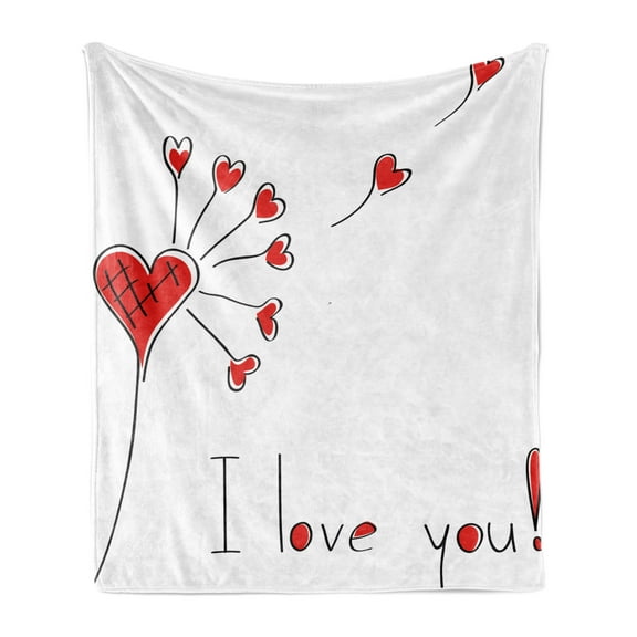 Love Soft Flannel Fleece Blanket, Dandelion with Heart Shapes Valentine Inspired Romantic Affection Abstract Nature, Cozy Plush for Indoor and Outdoor Use, 70" x 90", Red Black White, by Ambesonne