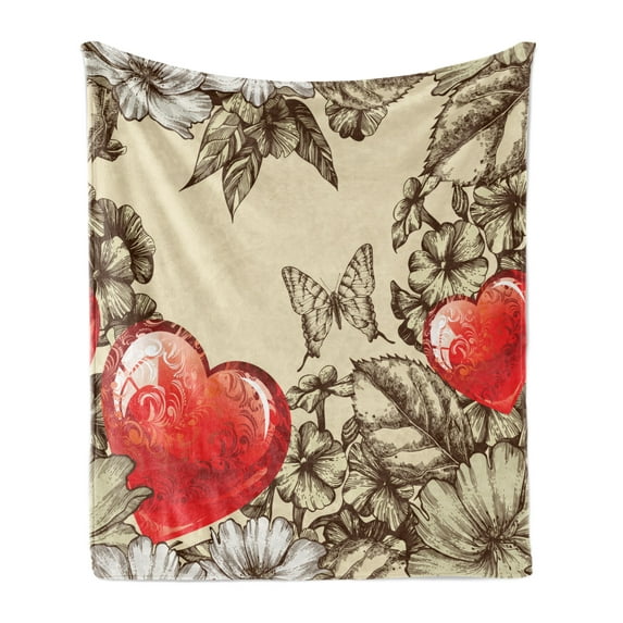 Love Soft Flannel Fleece Blanket, Pattern Valentine's Day with Flowers and Butterfly Holiday Love Antiquity Vintage, Cozy Plush for Indoor and Outdoor Use, 60" x 80", Beige Brown Red, by Ambesonne