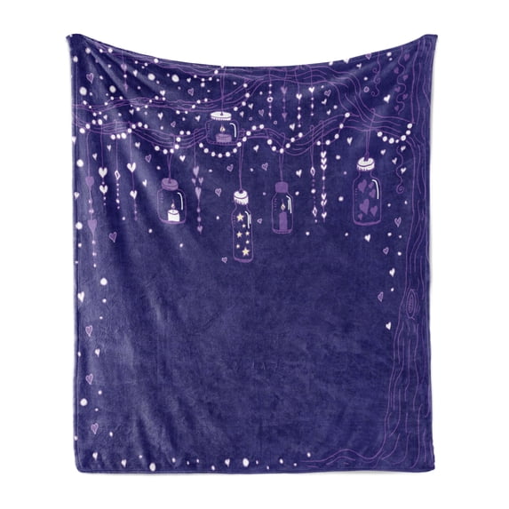 Love Soft Flannel Fleece Blanket, Romantic Design Love Tree with Lantern and Hearts Valentines Day Wedding Theme, Cozy Plush for Indoor and Outdoor Use, 50" x 60", Indigo and Violet, by Ambesonne