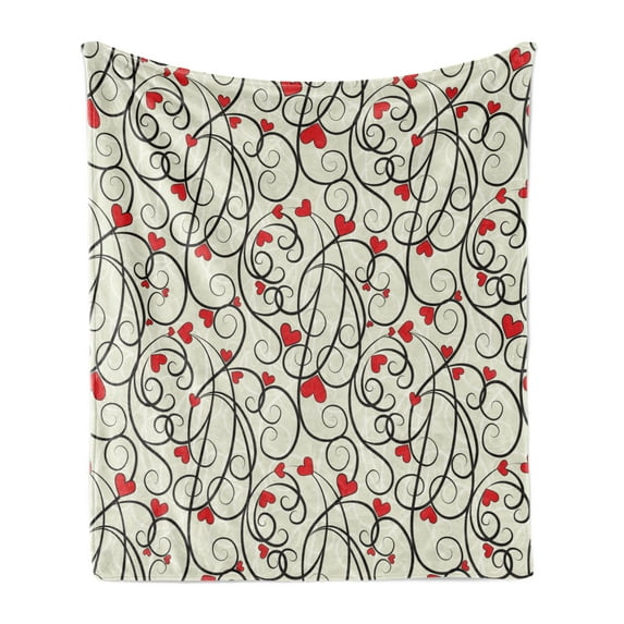 Love Soft Flannel Fleece Blanket, Wave Floral Heart Summer Swirl Illustration Flourishes Foliage Classical, Cozy Plush for Indoor and Outdoor Use, 60" x 80", Eggshell Vermilion Black, by Ambesonne
