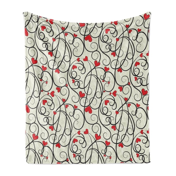 Love Soft Flannel Fleece Blanket, Wave Floral Heart Summer Swirl Illustration Flourishes Foliage Classical, Cozy Plush for Indoor and Outdoor Use, 70" x 90", Eggshell Vermilion Black, by Ambesonne