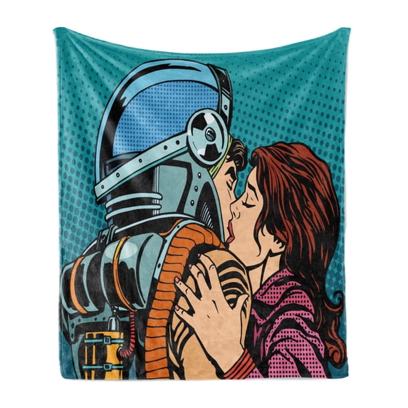 Love Soft Flannel Fleece Throw Blanket, Astronaut Kisses His Wife Illustration Vintage Pop Art Retro Style Print, Cozy Plush for Indoor and Outdoor Use, 50" x 60", Petrol Blue and Brown, by Ambesonne