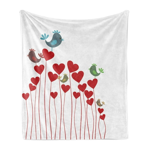 Love Soft Flannel Fleece Throw Blanket, Bird Sings Sitting Hearts Twitting Springtime Garden Oriental, Cozy Plush for Indoor and Outdoor Use, 70" x 90", Cadet Blue Mauve, by Ambesonne