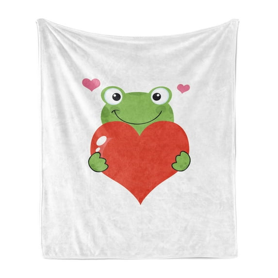 Love Soft Flannel Fleece Throw Blanket, Cartoon Frog Holding Giant Heart Adoration Theme Funny Character, Cozy Plush for Indoor and Outdoor Use, 60" x 80", Lime Green Vermilion, by Ambesonne