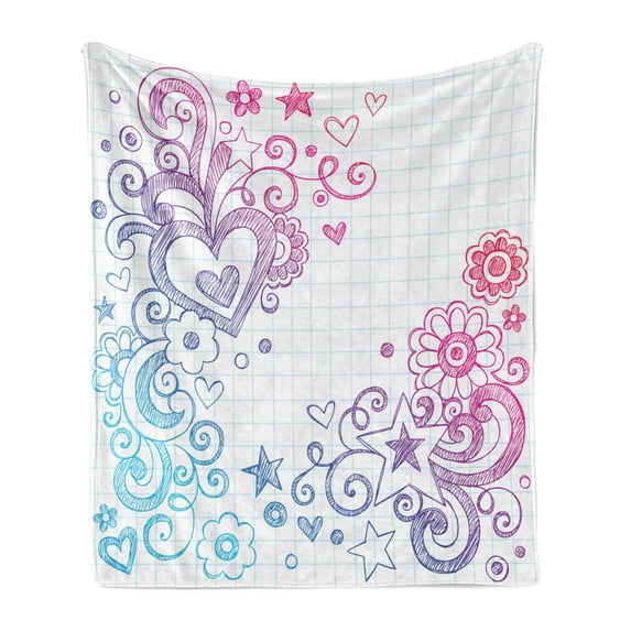 Love Soft Flannel Fleece Throw Blanket, Cheerful Valentine`s Day Themed Swirled Sketch on Checkered Notebook Backdrop, Cozy Plush for Indoor and Outdoor Use, 50" x 60", Pink Purple Blue, by Ambesonne