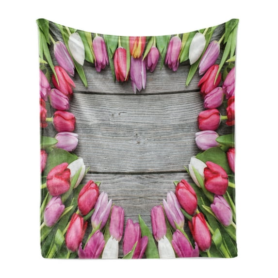 Love Soft Flannel Fleece Throw Blanket, Frame of Fresh Tulips Arranged on Old Wooden Table Countryside Nature Print, Cozy Plush for Indoor and Outdoor Use, 50" x 60", Pink Green Umber, by Ambesonne