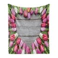 thumbnail image 1 of Love Soft Flannel Fleece Throw Blanket, Frame of Fresh Tulips Arranged on Old Wooden Table Countryside Nature Print, Cozy Plush for Indoor and Outdoor Use, 60" x 80", Pink Green Umber, by Ambesonne, 1 of 5
