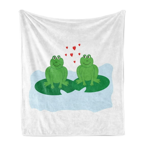 Love Soft Flannel Fleece Throw Blanket, Frogs in Romance on Lake Leaves Cartoon Pattern on Plain Backdrop Print, Cozy Plush for Indoor and Outdoor Use, 70" x 90", White Baby Blue, by Ambesonne