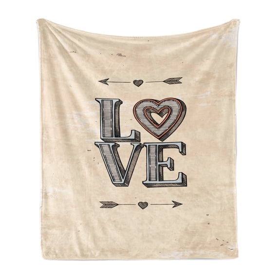 Love Soft Flannel Fleece Throw Blanket, Grunge Looking Vintage Letters Heart and Arrows Boho Tribal Hipster Design, Cozy Plush for Indoor and Outdoor Use, 50" x 60", Beige Grey Orange, by Ambesonne