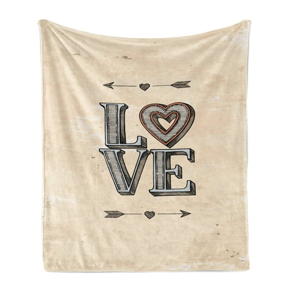 Love Soft Flannel Fleece Throw Blanket, Grunge Looking Vintage Letters Heart and Arrows Boho Tribal Hipster Design, Cozy Plush for Indoor and Outdoor Use, 70" x 90", Beige Grey Orange, by Ambesonne