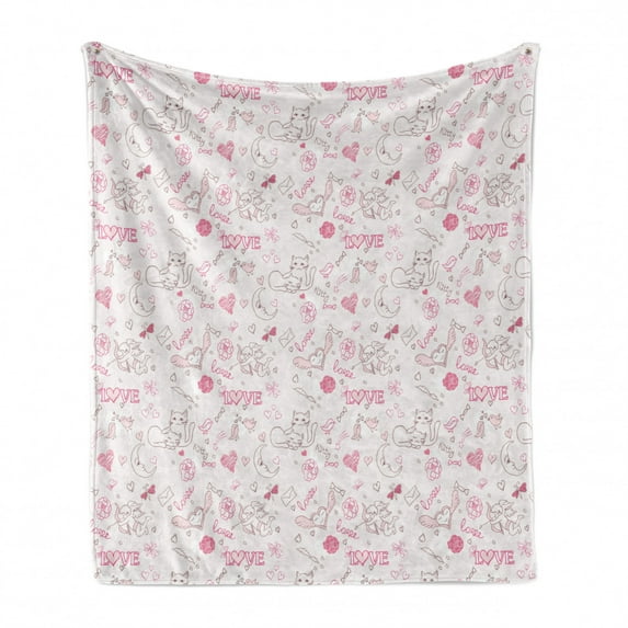 Love Soft Flannel Fleece Throw Blanket, Hand Drawn Style Romantic Kissing Birds Eros Flower Dragonfly Cat, Cozy Plush for Indoor and Outdoor Use, 50" x 60", Pale Coral Pink Brown, by Ambesonne