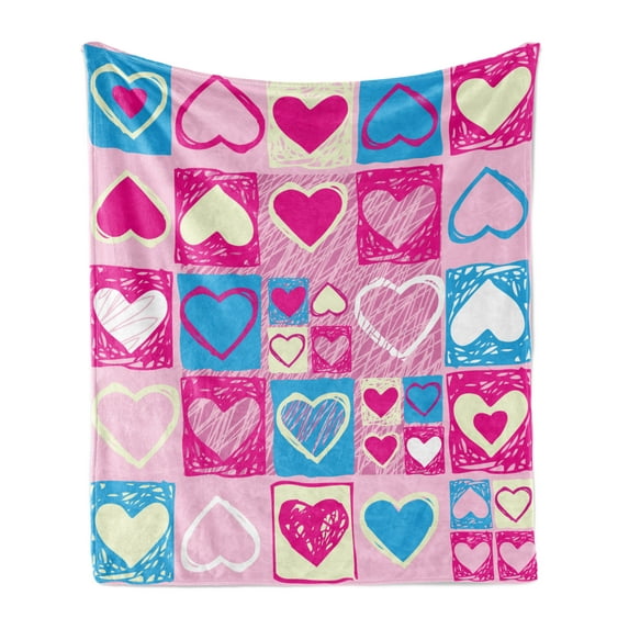 Love Soft Flannel Fleece Throw Blanket, Hearts in Square Shapes Geometrical Celebrate Childish Children Artwork, Cozy Plush for Indoor and Outdoor Use, 50" x 60", Blue Ivory Pink, by Ambesonne