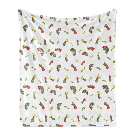 Love Soft Flannel Fleece Throw Blanket, Hearts Stars and Rainbow Shapes with Thunder Colorful Cartoon Illustration, Cozy Plush for Indoor and Outdoor Use, 50" x 60", Multicolor, by Ambesonne