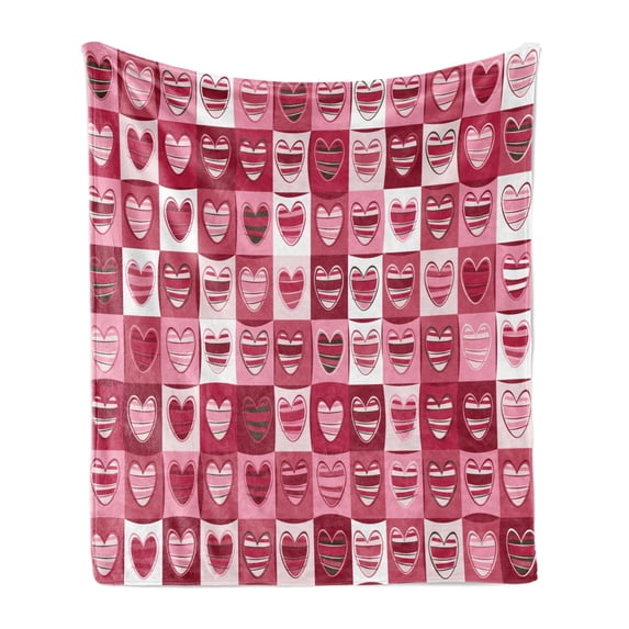 Love Soft Flannel Fleece Throw Blanket, Hearts for Valentine Checked Pattern Square Geometric Vintage, Cozy Plush for Indoor and Outdoor Use, 50" x 70", Dried Rose White, by Ambesonne
