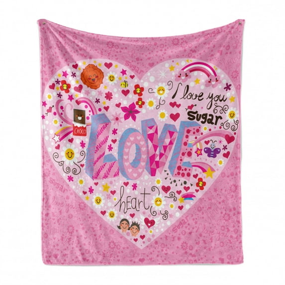 Love Soft Flannel Fleece Throw Blanket, I Love You Sugar Giant Heart with Big Letters Spelling Love Smiles Flowers, Cozy Plush for Indoor and Outdoor Use, 50" x 60", Pink Multicolor, by Ambesonne