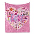 thumbnail image 1 of Love Soft Flannel Fleece Throw Blanket, I Love You Sugar Giant Heart with Big Letters Spelling Love Smiles Flowers, Cozy Plush for Indoor and Outdoor Use, 50" x 70", Pink Multicolor, by Ambesonne, 1 of 6
