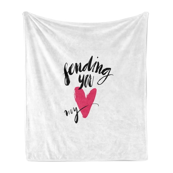 Love Soft Flannel Fleece Throw Blanket, Ink Brush Hand Lettering Sending You My Heart Modern Calligraphic Design, Cozy Plush for Indoor and Outdoor Use, 50" x 70", Hot Pink Black White, by Ambesonne