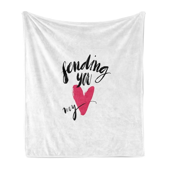 Love Soft Flannel Fleece Throw Blanket, Ink Brush Hand Lettering Sending You My Heart Modern Calligraphic Design, Cozy Plush for Indoor and Outdoor Use, 60" x 80", Hot Pink Black White, by Ambesonne