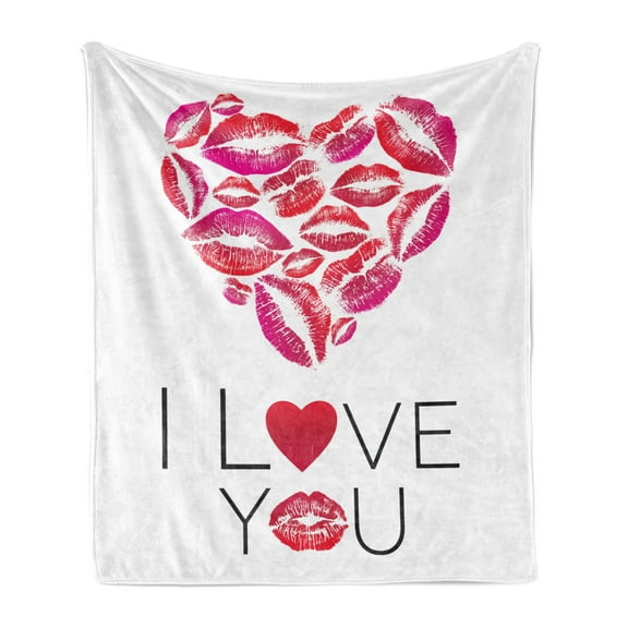 Love Soft Flannel Fleece Throw Blanket, Kisses Lipsticks Valentines Day Affection Pattern on Plain Backdrop, Cozy Plush for Indoor and Outdoor Use, 70" x 90", White Magenta, by Ambesonne