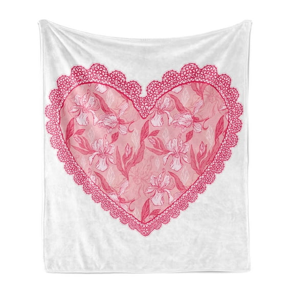 Love Soft Flannel Fleece Throw Blanket, Lace Heart with Floral Pattern Wedding Valentine Blossoms Leaves Classic Retro, Cozy Plush for Indoor and Outdoor Use, 50" x 60", Pink Rose White, by Ambesonne