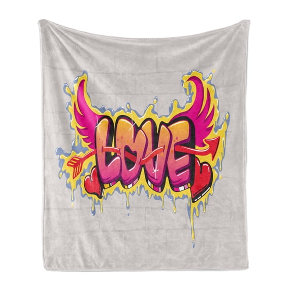Love Soft Flannel Fleece Throw Blanket, Love Lettering Brick Wall Brushing Dripping Street Art Wings Illustration, Cozy Plush for Indoor and Outdoor Use, 50" x 60", Yellow Beige Pink, by Ambesonne