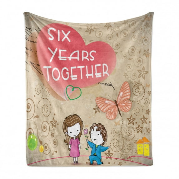 Love Soft Flannel Fleece Throw Blanket, Man Giving Flowers to a Woman with 6 Years Together Words Adoration Theme Swirls, Cozy Plush for Indoor and Outdoor Use, 70" x 90", Multicolor, by Ambesonne
