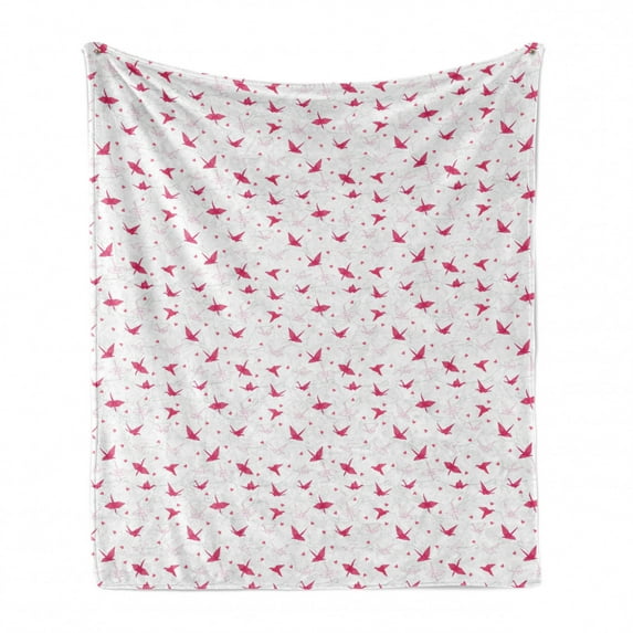 Love Soft Flannel Fleece Throw Blanket, Origami Cranes with Heart on Silhouette Bare Branches Background, Cozy Plush for Indoor and Outdoor Use, 60" x 80", Magenta Pink Pale Grey, by Ambesonne