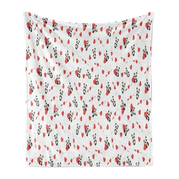 Love Soft Flannel Fleece Throw Blanket, Panda Bear in Love Sitting with Vivid Heart and Arrows, Cozy Plush for Indoor and Outdoor Use, 60" x 80", Vermilion Beige Black, by Ambesonne
